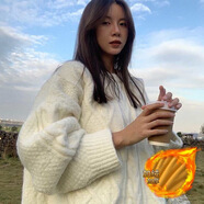 歌班婭日系慵懶風(fēng)加厚毛衣女秋冬天學(xué)生寬松外穿麻花針織衫中長款毛線衣 白色加-絨 M(建議95-110斤)