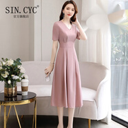 SIN.CYC女裝V領(lǐng)連衣裙女中長款夏季短袖時(shí)尚氣質(zhì)裙子 紫色 3XL