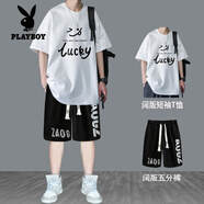 花花公子（PLAYBOY）純棉短袖t恤男青少年夏季套裝男生字母短袖T恤衫半袖新款高中學(xué)生 兩件套【T11白色+大字母短褲】 5XL適合210-230斤