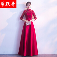 女聲獨(dú)唱演出服女成人 主持服裝女中長款伴娘服春季長袖閨蜜伴娘團(tuán)姐妹裙合唱人晚禮服女藝考音樂生 酒紅色 XL(胸圍90，腰圍73)