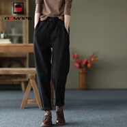 AEMAPE休閑褲女2026春秋冬季新款加厚褲子女裝松緊腰加絨哈倫褲 黑色不加絨 2XL