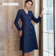 ROEYSHOUSE羅衣職業(yè)OL仿牛仔連衣裙女春裝新款優(yōu)雅V領泡泡袖中長裙06115 牛仔藍 S