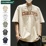 Colombass純棉短袖t恤男夏季日系寬松字母印花半袖體恤潮流ins休閑短袖男 卡其色 L/175(建議125-145斤)