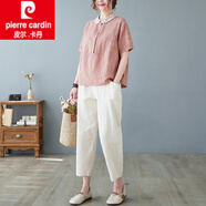 皮爾卡丹（pierre cardin）休閑褲中年輕夏款套裝女夏季苧亞麻寬松遮肚子上衣棉麻套裝 粉色上衣+褲子 M 建議115斤內(nèi)