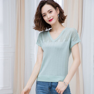 歌米拉 冰絲短袖T恤女裝夏裝新款夏季v領(lǐng)上衣亮絲針織衫寬松 綠色 XXL