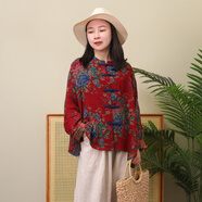 亂在江南民族風(fēng)印花棉質(zhì)上衣女春秋寬松復(fù)古舒適柔軟女裝 暗紅色 均碼