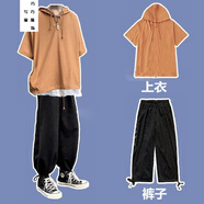 寫(xiě)璇夏季新品T恤短袖男帶帽中袖衛衣潮流寬松嘻哈連帽外套男青少年學(xué)生個(gè)性休閑時(shí)尚百搭配褲子連帽短袖套裝 W05桔紅色上衣+K81黑色褲子 S（75-90斤）
