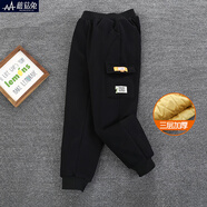 蘑菇兔胖男童棉褲冬季三層保暖褲中大童運(yùn)動(dòng)褲寬松加肥男孩褲子加絨加厚 黑色 150 加肥100斤左右