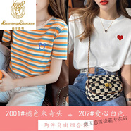 鹿王戀雪棉彩虹條紋T恤女短袖夏季新款修身上衣ins韓版圓領(lǐng)體恤撞色母親 2001橘色+202#白色翅膀愛(ài)心 S