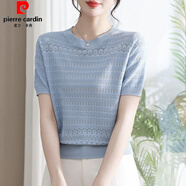 皮爾卡丹（pierre cardin）氣質(zhì)女神針織衫女夏季薄款冰絲短袖t恤百搭鏤空寬松顯瘦上衣小衫 藍色【收藏店鋪優(yōu)先發(fā)貨】 2XL 130斤-140斤