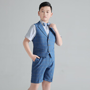 蘿卜唄唄 新款胖童禮服男童西裝中大童大碼花童西服套裝演出服表演服走秀服主持人服裝鋼琴演奏王子服演講服 馬甲+短袖襯衫+短褲+領(lǐng)結(jié) 150碼建議體重90-102斤