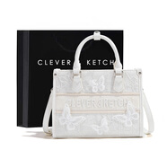 CLEVER & KETCH新中式刺繡手提包女2025新款時尚蕾絲斜挎托特包生日禮物送女友 白色 中包