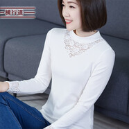橫行道2024新款女裝半高領(lǐng)打底衫蕾絲鏤空上衣服純色T恤春季 白色 2XL