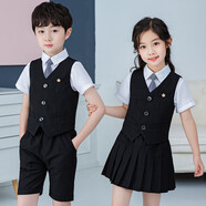 蘿卜唄唄 新款兒童禮服夏季女童禮服小西裝畢業(yè)服幼兒園男女舞臺(tái)大合唱演出服表演服 男童黑色四件套（馬甲+短褲+襯衫+領(lǐng)帶） 120cm建議體重37-43斤