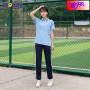 GP 夏季短袖T恤 運動(dòng)純色班服校服套裝學(xué)院風(fēng)寬松初中學(xué)生高中生男女 淺藍色單上衣 150