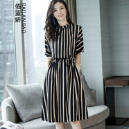 佰藍嬌 連衣裙2021夏裝新款夏季女裝時尚氣質(zhì)休閑韓版遮肚子顯瘦女士條紋短袖連衣裙中長款夏天a字裙子 黑色 L
