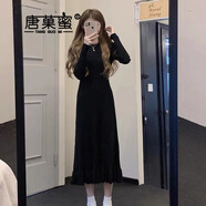 唐菓蜜針織連衣裙女2024秋冬新款女裝韓版時(shí)尚百搭開(kāi)衫外套顯瘦套裝裙子 黑色針織裙 M
