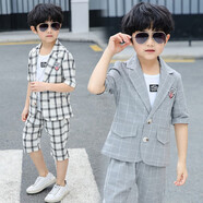 芭梵鼠兒童西裝男童禮服套裝六一演出服夏新品韓版男孩休閑小西服主持人鋼琴表演服裝小學(xué)生時(shí)尚格子T恤三件 灰色 140碼(適合身高125cm-135cm)