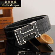 勞斯名爵（RollsMinjor）品牌男士皮帶真皮腰帶不銹鋼平滑扣頭層牛皮褲帶禮物禮盒裝3.8cm 銀扣+黑色帶身 110cm