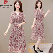 皮爾卡丹（pierre cardin）品牌碎花中袖連衣裙2025新款女夏氣質(zhì)名媛高級感高端品牌雪紡裙子 紅花 3XL 【建議136-145斤左右】