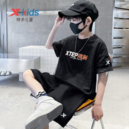 特步（XTEP）兒童運(yùn)動(dòng)套裝秋季短袖短褲兩件套冰絲速干2025新款6-16歲男童夏裝 黑T藍(lán)褲 160