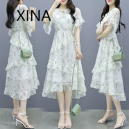 xina 香港潮牌中長(cháng)款連衣裙2022年新款夏季女裝顯瘦時(shí)尚氣質(zhì)仙女不規則蛋糕裙清新甜美碎花雪紡裙子 花色 蛋糕裙 2XL