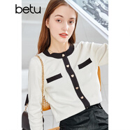 betu百圖女裝秋冬時尚小香風拼色圓領(lǐng)小開衫百搭針織衫2108T11 米白 XS
