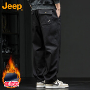 吉普（JEEP）休閑褲男秋冬季直筒褲子男士寬松潮流工裝褲男褲 黑色加絨 2XL