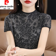 皮爾卡丹（pierre cardin）半高領(lǐng)冰絲短袖t恤打底衫女夏季新款時(shí)髦洋氣蕾絲百搭上衣顯瘦 新純灰 M