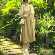 VJWK 高中初中生女生秋天穿的休閑秋季新款牛仔背帶裙韓版學(xué)院風(fēng)甜美泡泡袖少女兩件套連衣裙小個(gè)子短袖 上衣+背帶裙_【兩件套】 S