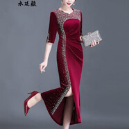 媽媽婚禮服時尚年輕婚禮媽媽裝高檔禮服高端婚禮媽媽長款婚宴晚禮服低開叉季修身喜婆婆結(jié)婚宴敬酒服 酒紅 L