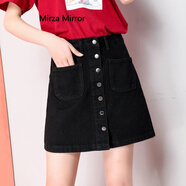 Mirza Mirrorins超火高腰牛仔短裙2020女春夏季新款黑色百搭包臀a字裙半身裙子 （口袋款）無內襯 L