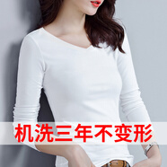 好看的t恤女生棉嘿色打底衫女溥歀款緊身T恤內(nèi)搭秋裝白色秋衣上衣 白色  V令 無絨 S 80斤以下
