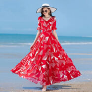 VJZE沙灘裙女海邊度假長(zhǎng)裙波西米亞飄逸紅色連衣裙夏2025新款收腰顯瘦 紅色 L 建議100--110斤
