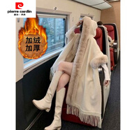 皮爾卡丹（pierre cardin）秋冬大碼加絨加厚連帽毛領(lǐng)斗篷披肩女中長(cháng)款流蘇毛呢大衣披風(fēng)外套 米白【全身】 加絨 均碼 【80-185斤左右】