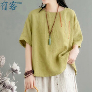 楠語秋（NANYUQIU）文藝復(fù)古短袖女刺繡棉麻圓領(lǐng)夏季新款寬松休閑T恤套頭上衣女 綠色 XL 建議125-140斤