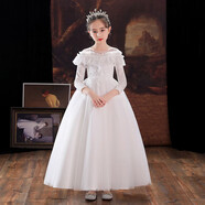 兒童秋春夏小公主蓬蓬裙女童輕奢洋氣高級感鋼琴古箏演出晚會(huì )禮服 白色中袖長(cháng)款 140