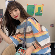 喬駿晟泫雅bf風條紋短袖t恤女夏季學生韓版寬松ins半袖中袖上衣閨蜜裝潮 彩虹條紋 藍色 優(yōu)質版 M 86-105斤