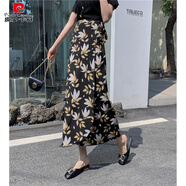 皮爾卡丹（pierre cardin）傣族裙子女西雙版納民族風印花開叉裹裙海邊度假一片式綁帶半身裙 黑底葉子 均碼 系帶腰圍可調(diào)節(jié)