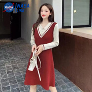 尚簡(jiǎn)紛高彈力修身針織假兩件秋冬連衣裙長(cháng)袖裝秋冬款有領(lǐng)吊帶87244 酒紅色 S 建議（90-100斤）