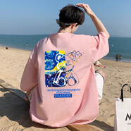 Matri Mr短袖t恤男夏季大碼純棉上衣2024學(xué)生寬松百搭休閑情侶半袖ins體恤 粉色 S