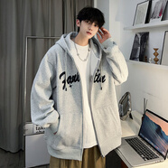 NEW OR MODE重磅開衫加絨加厚衛(wèi)衣男春秋季美式復古刺繡寬松情侶連帽外套上衣 灰色 3XL