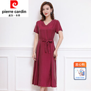 皮爾卡丹（pierre cardin）女裝銅氨絲V領(lǐng)連衣裙寬松收腰遮肚子真絲純色氣質(zhì)短袖長(zhǎng)裙夏 皮爾卡丹-酒紅色 皮爾卡丹-M