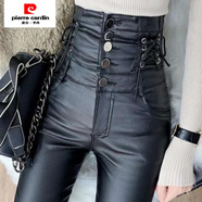 皮爾卡丹（pierre cardin）加絨皮褲女秋冬新款高腰外穿打底褲啞光顯瘦緊身小腳鉛筆褲子 現貨/系帶皮褲【9921款】 加絨 S 【80-95斤】卡碼往大拍