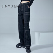 金苑（JINYUAN）闊腿直筒牛仔褲女2022冬新款顯腿長(cháng)復古百搭褲子C225112 黑色 M(165/70A)