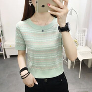 桑蒲冰絲短袖t恤女夏季新款小個子短款圓領(lǐng)上衣條紋洋氣百搭針織衫女 綠色 XL 建議115-130斤