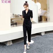 小個(gè)子連體褲女時(shí)尚女性感顯腿細(xì)腿長(zhǎng)的褲子女歐貨九分連體褲潮夏新款女裝洋氣減齡高端氣質(zhì)職業(yè)連衣褲套裝 黑色 M 95斤-105斤