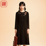 漁女裝2022新款秋裝輕薄國(guó)風(fēng)繡花呢料過(guò)膝長(zhǎng)款連衣裙百搭FGEC0025 黑 S