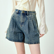 樂(lè )町復古牛仔短褲女夏季新款百搭性感小個(gè)子復古洗水a(chǎn)字褲子 深牛仔藍（現貨） XS