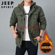 吉普（JEEP）夾克外套男士工裝連帽戶外沖鋒上衣新款軍旅夾層中年多口袋寬松 6632軍綠色 秋冬 加絨 XL (適合155斤左右)